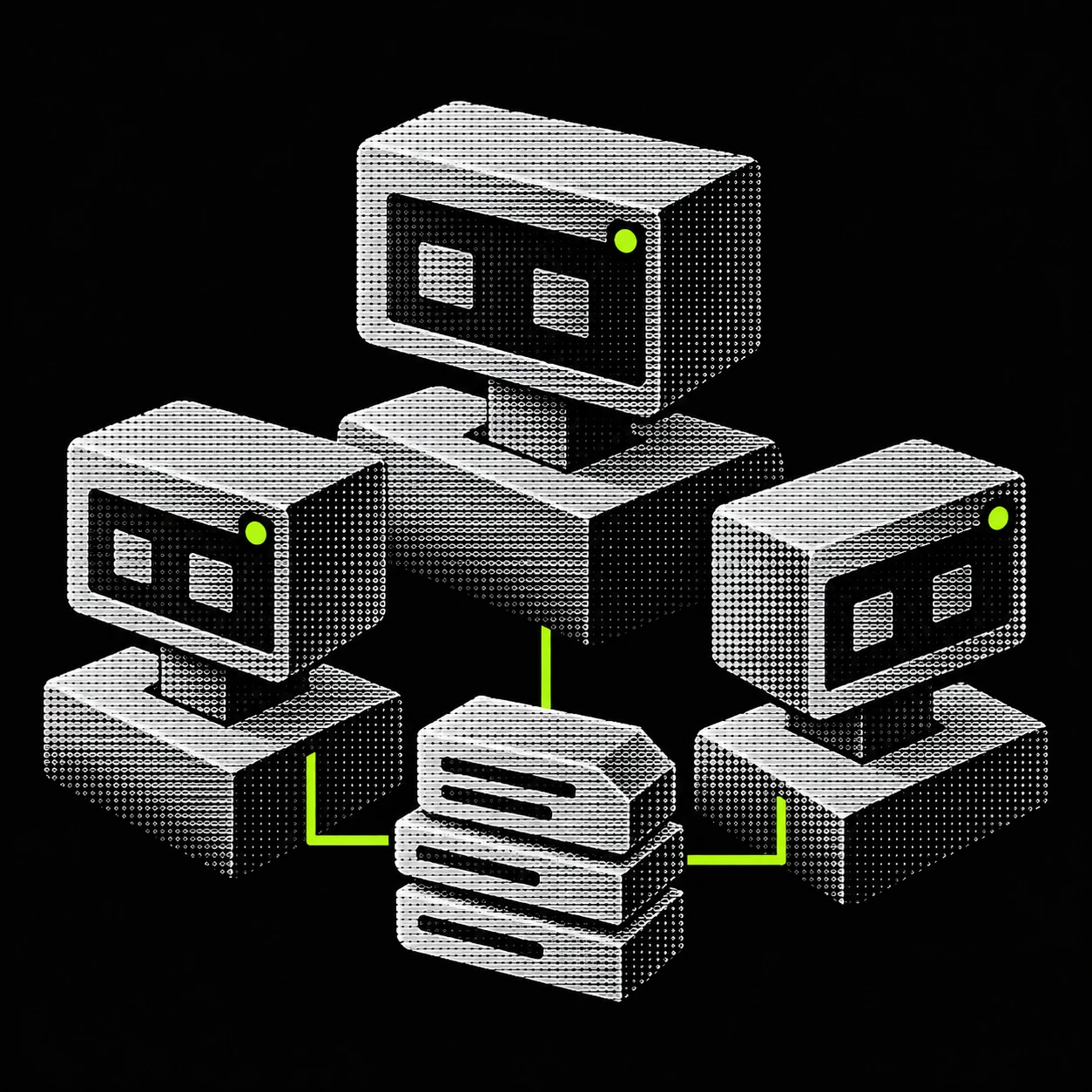Halftone illustration of three terminal-faced agents connected to a shared database.
