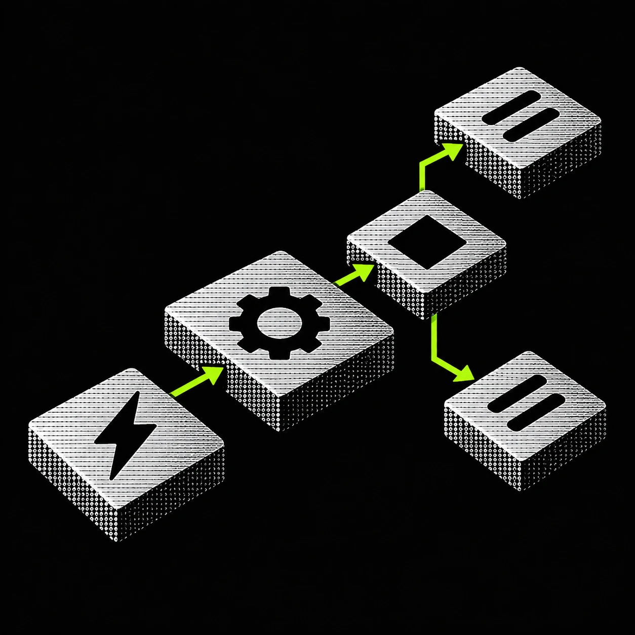 Halftone illustration of a workflow: a trigger block, a processing block, a gate, and two output blocks joined by green arrows.