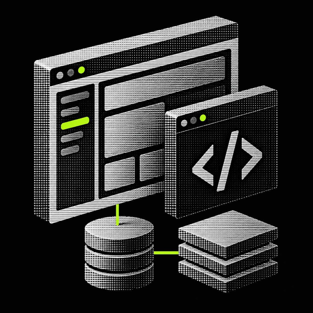 Halftone illustration of an application window, a code editor, a database and a stack of layers, wired together.