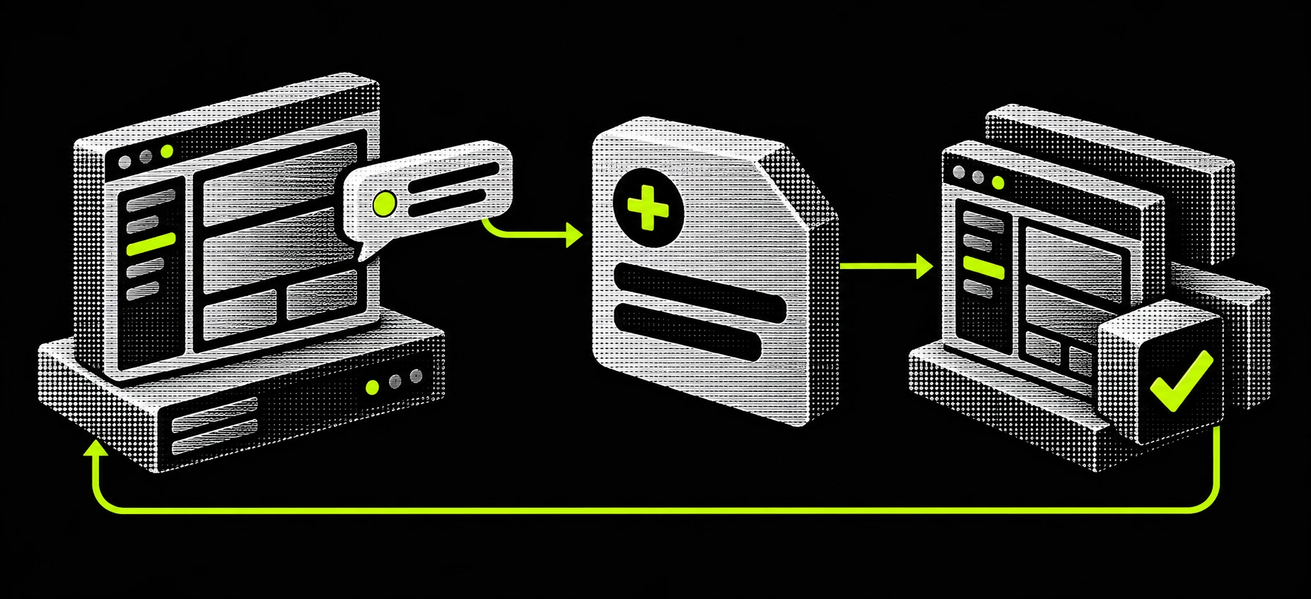 Halftone illustration of the loop: a feature request raised in the app, an artifact written, a release checked, and a green line feeding back to the start.