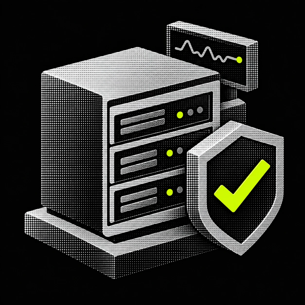 Halftone illustration of a server rack with a monitoring graph and a shield bearing a green check mark.